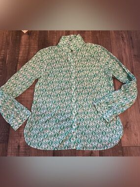 Talbots Shirt Womens 12 Green Seahorse Cotton Button Up Collar Roll Tab Sleeves